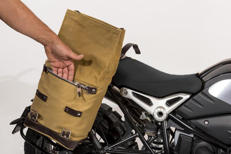 BMW R nineT 1200 Urban G/S (hoher Auspuff) [2017-2023] - Scram Seitentasche in Canvas 22L-30L + Hilfsrahmen der NineT-Serie